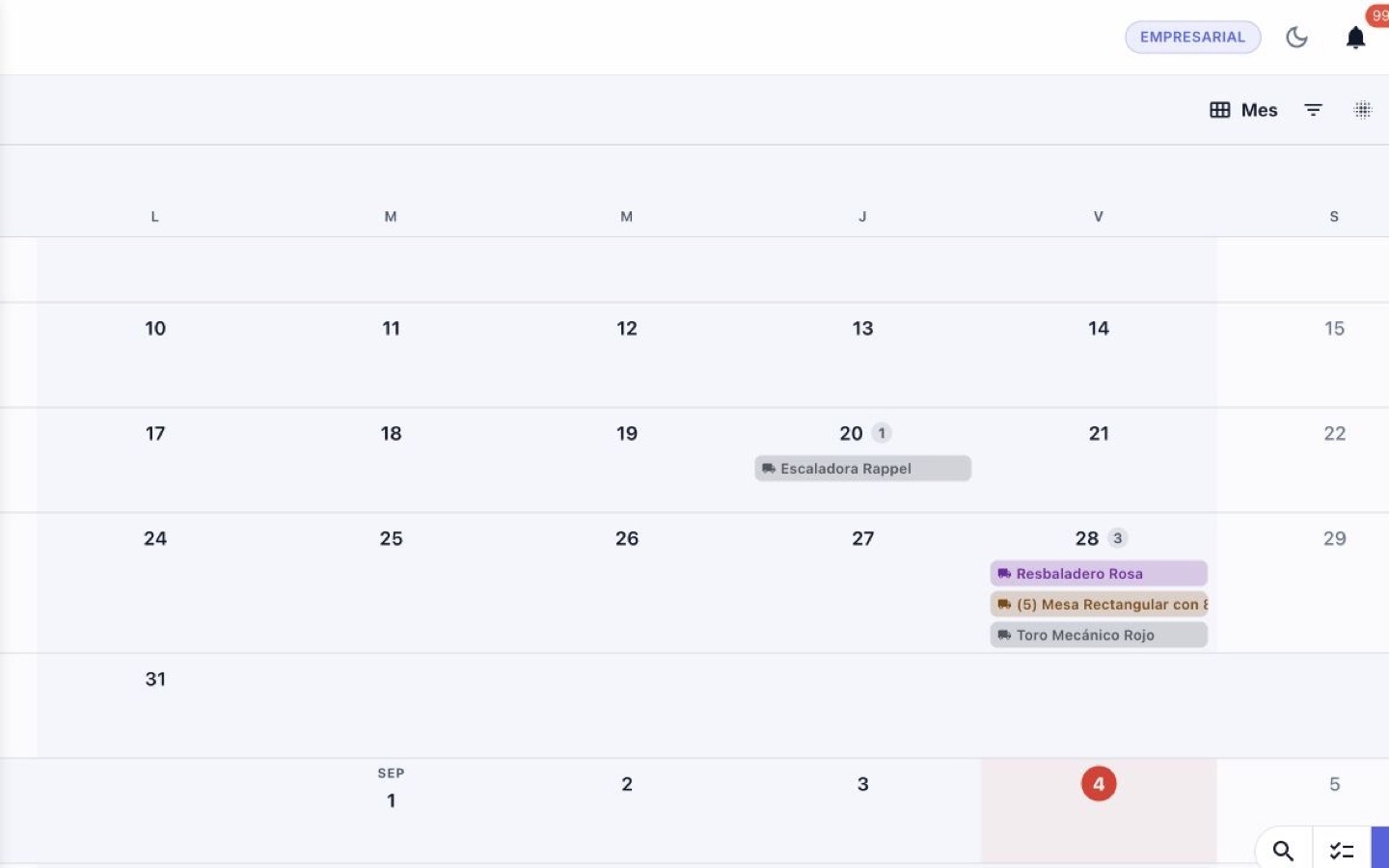 Captura sanitizada del calendario mensual de Vinali en escritorio